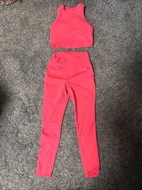 Women's High-Waist Active Leggings in Coral Pink with matching top